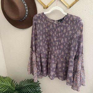 American Eagle Purple Ditzy Floral Smocked Bell Sleeve Sheer Boho Blouse Shirt